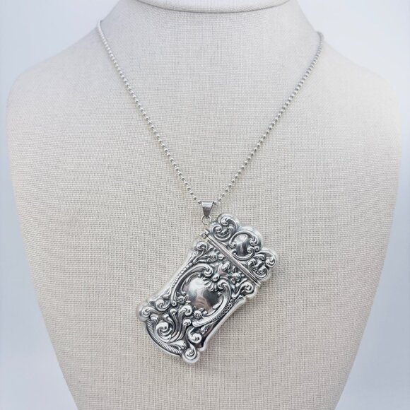 Antique Sterling Silver Repoussé Scroll Design Match Box Pendant 30" Ball & Pin - Picture 1 of 16